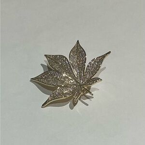 New Sparkly Gold Tone and Pave  Pot Leaf Brooch
